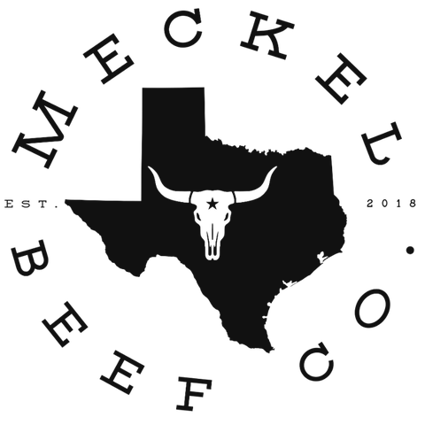 Meckel Beef Co. logo, Texas with a longhorn skull, established 2018